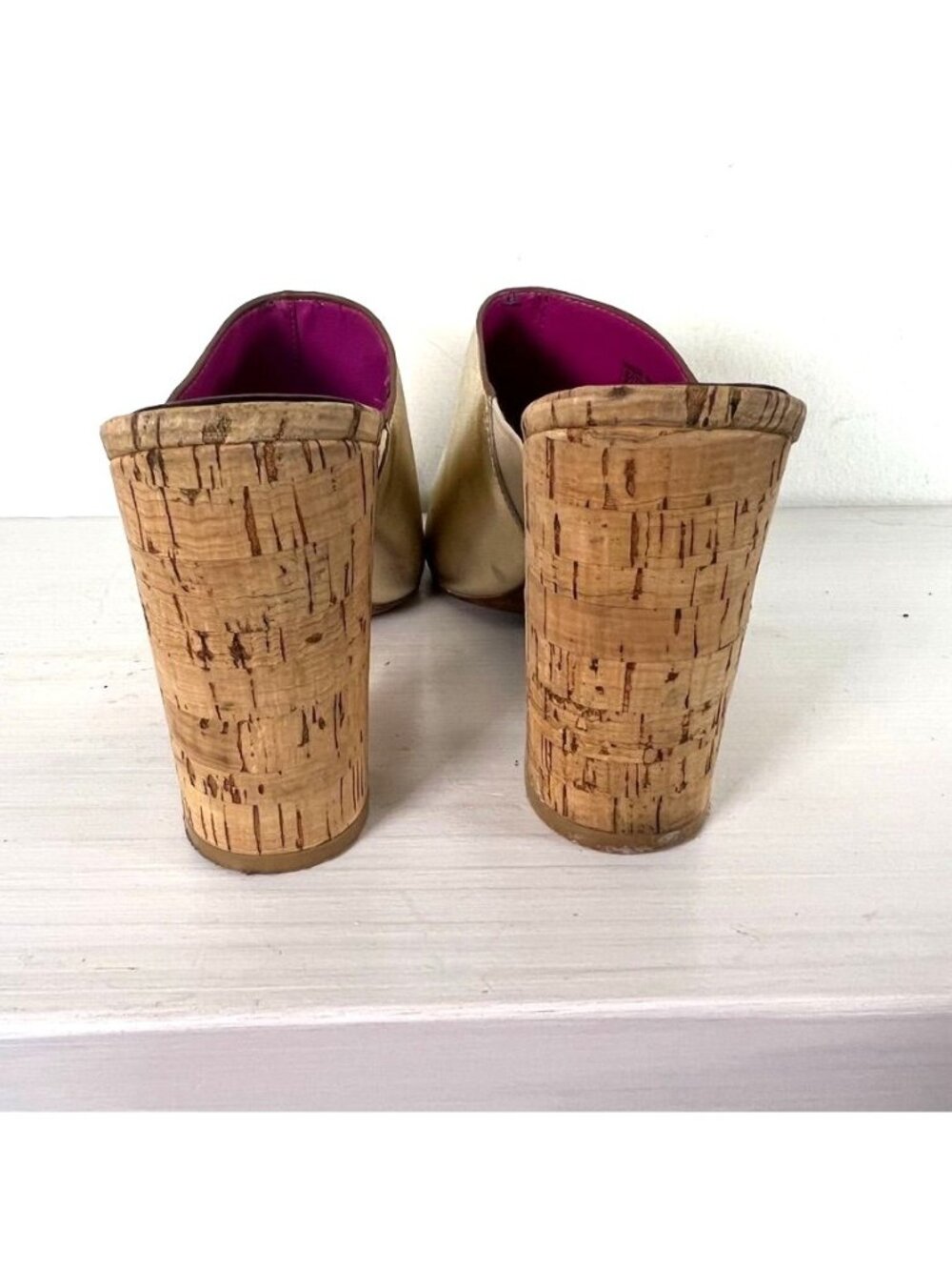 Trina Turk Gold Metallic Leather Cork Block Heel Peep Toe Mule Slides 9M Resort - Picture 4 of 13